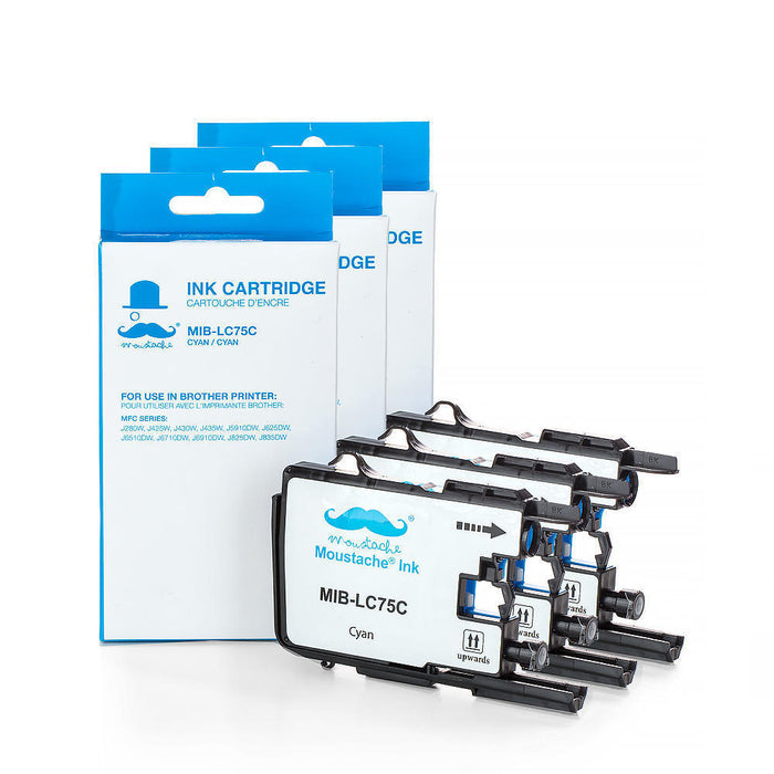 Brother LC75C Compatible Cyan Ink Cartridge High Yield - Moustache® - 3/Pack