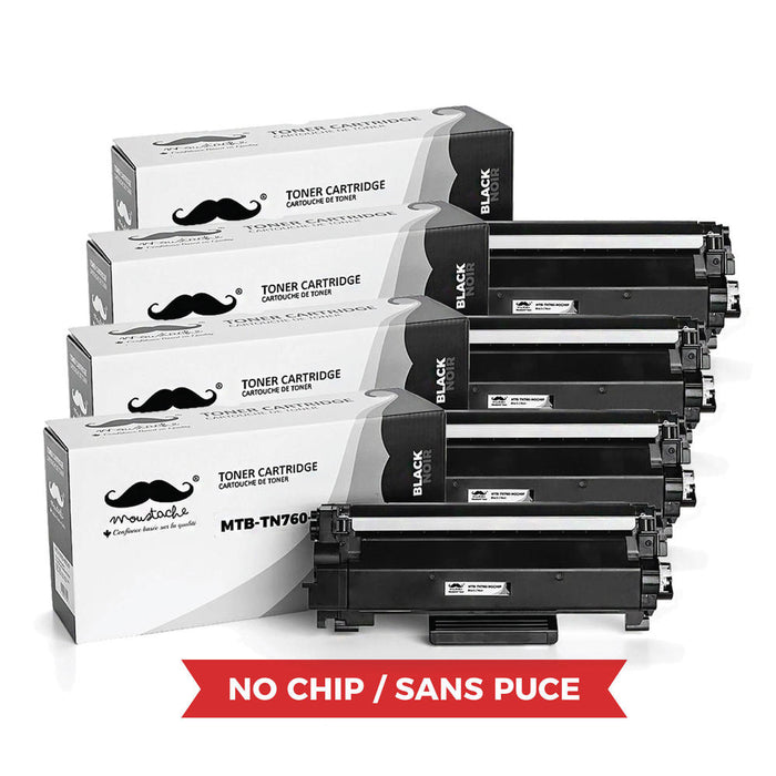 Brother TN760 Compatible Black Toner Cartridge High Yield - No Chip - Moustache® - 4/Pack