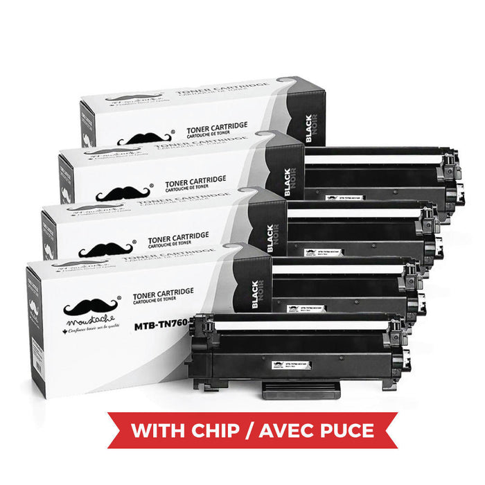 Brother TN760 Compatible Black Toner Cartridge High Yield - With Chip - Moustache® - 4/Pack