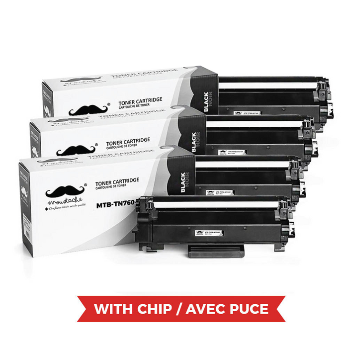 Brother TN760 Compatible Black Toner Cartridge High Yield - With Chip - Moustache® - 3/Pack