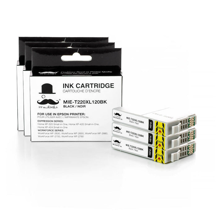 Epson 220 T220XL120 Compatible Black Ink Cartridge High Yield - Moustache® - 3/Pack