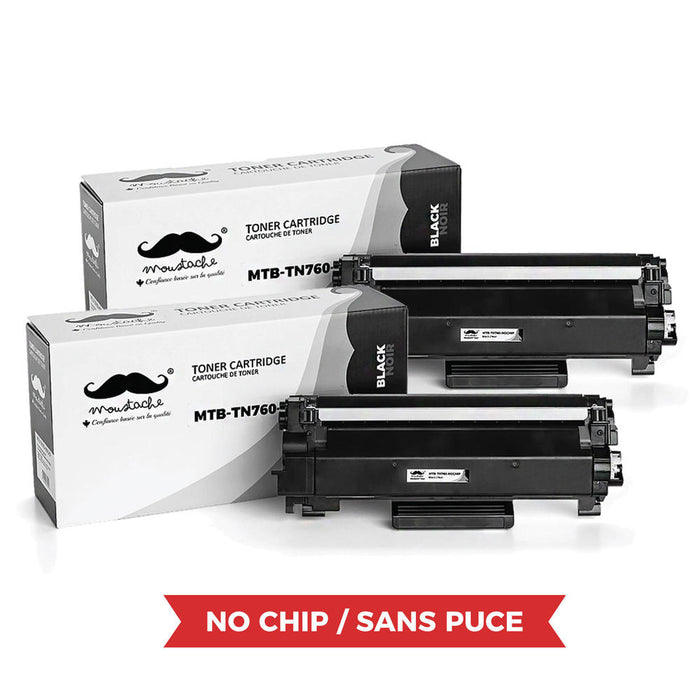 Brother TN760 Compatible Black Toner Cartridge High Yield - No Chip - Moustache® - 2/Pack
