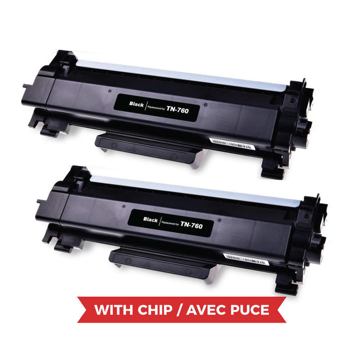 Brother TN760 Compatible Black Toner Cartridge High Yield - With Chip - Economical Box - 2/Pack