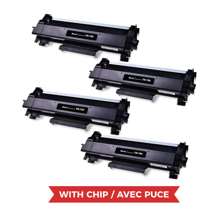 Brother TN760 Compatible Black Toner Cartridge High Yield - With Chip - Economical Box - 4/Pack
