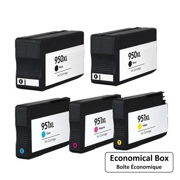 Remanufactured HP 950XL 951XL Ink Cartridge Combo High Yield BK/BK/C/M/Y - Economical Box