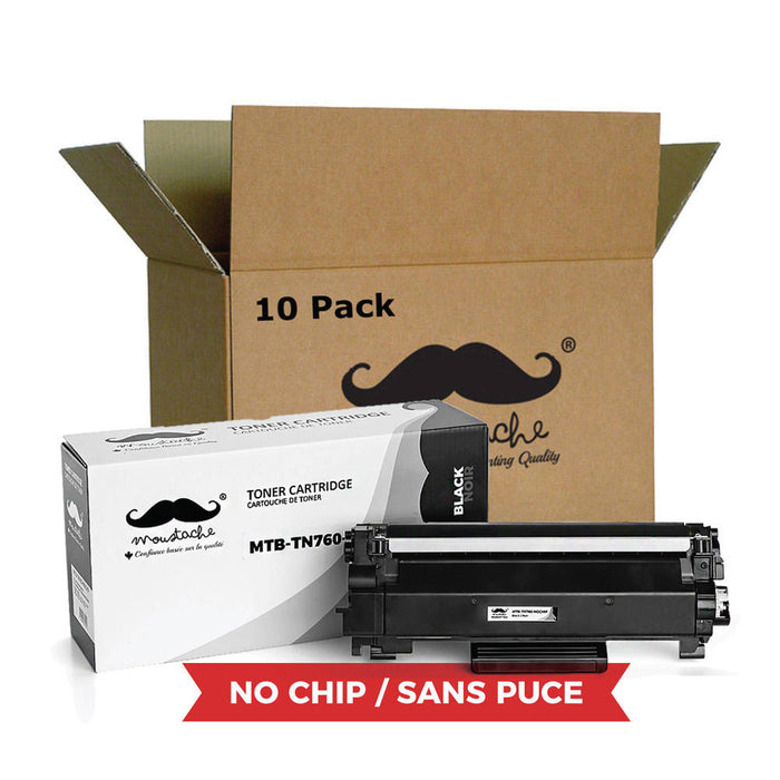 Brother TN760 Compatible Black Toner Cartridge High Yield - No Chip - Moustache® - 10/Pack